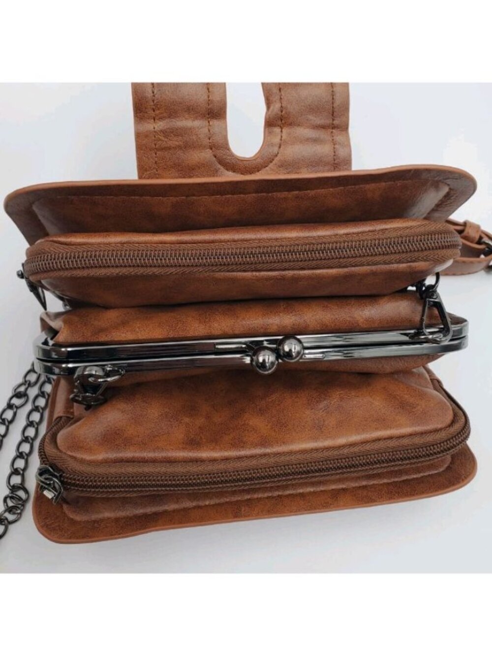 Brown Small Crossbody Wallet Bag, Zip Closure, Studded Hardware, Inner Pockets - Picture 4 of 8
